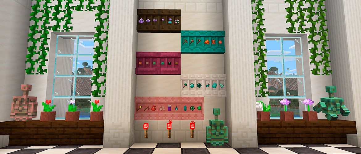 Статуя медного голема и полка в Minecraft